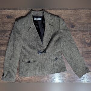 Tahari Womens Wool Blend Brown Tweed Blazer Toggle Closure Size 6P Preppy Unique